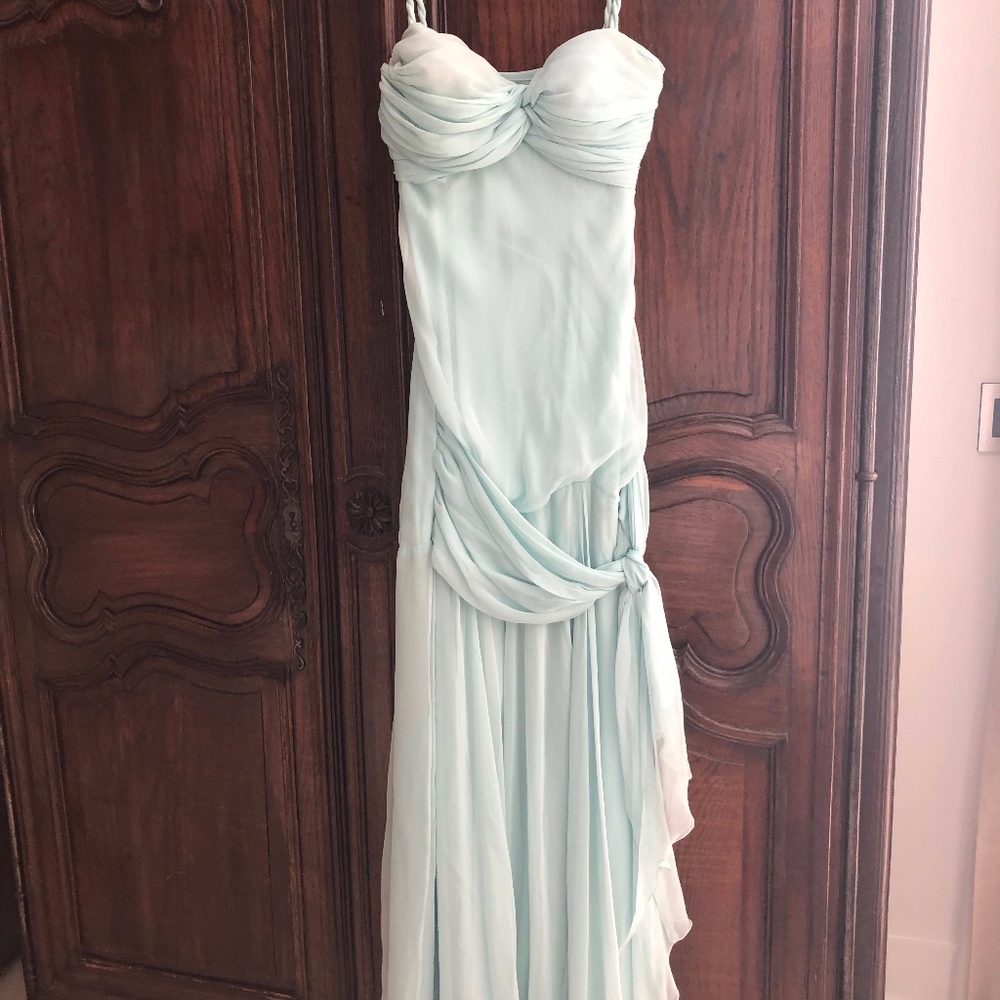 Aqua blue chiffon evening dress with matching wrap